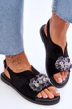 Online Damskie Zamszowe Sandały Z Kamieniami Czarne Mersea Damskie Sandały Płaskie