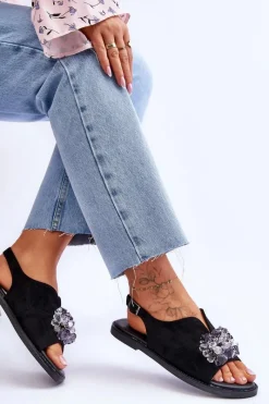 Online Damskie Zamszowe Sandały Z Kamieniami Czarne Mersea Damskie Sandały Płaskie