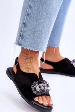 Online Damskie Zamszowe Sandały Z Kamieniami Czarne Mersea Damskie Sandały Płaskie