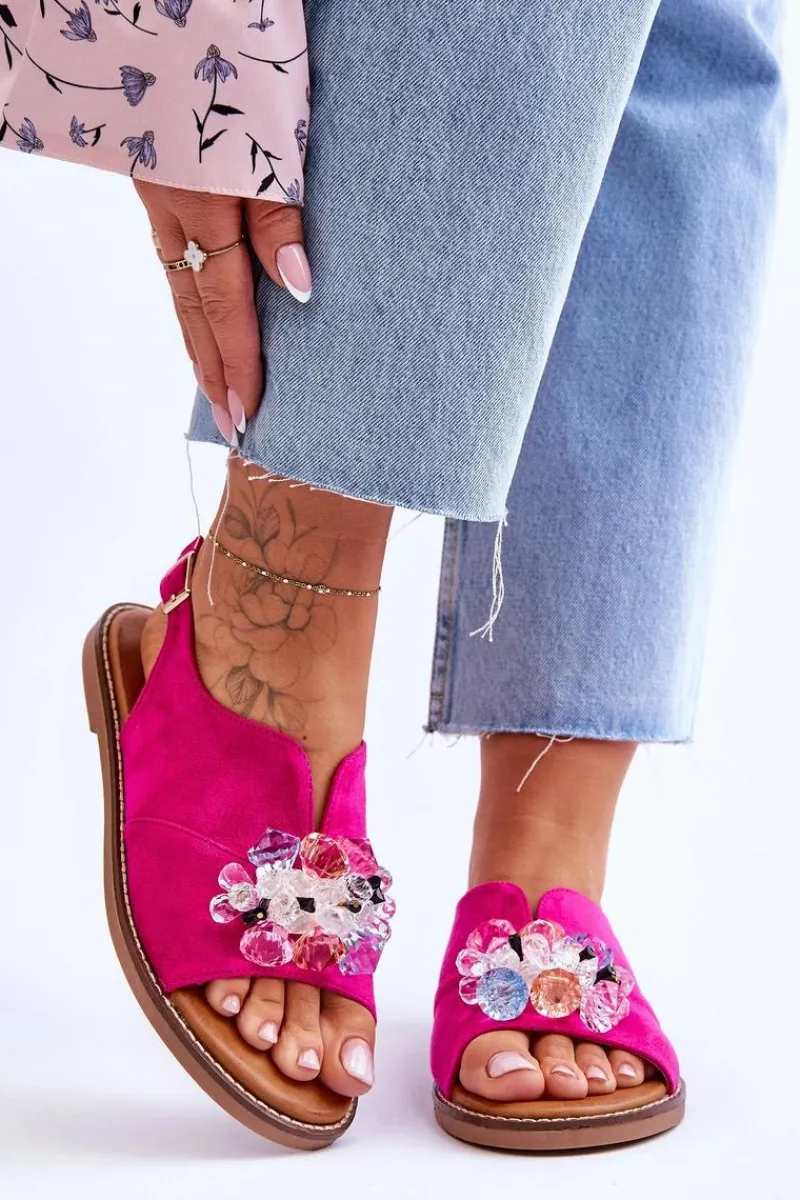 Outlet Damskie Zamszowe Sandały Z Kamieniami Fuksja Mersea Damskie Sandały Płaskie