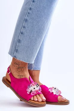 Outlet Damskie Zamszowe Sandały Z Kamieniami Fuksja Mersea Damskie Sandały Płaskie