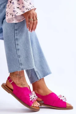 Outlet Damskie Zamszowe Sandały Z Kamieniami Fuksja Mersea Damskie Sandały Płaskie