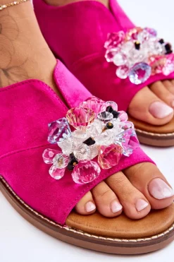 Outlet Damskie Zamszowe Sandały Z Kamieniami Fuksja Mersea Damskie Sandały Płaskie