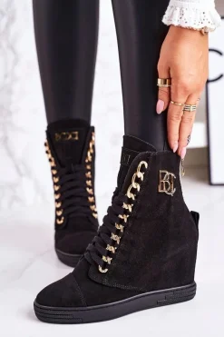 Outlet Boto Damskie Zamszowe Sneakersy BOOCI 2222/066/z Złoty Łańcuch Czarne