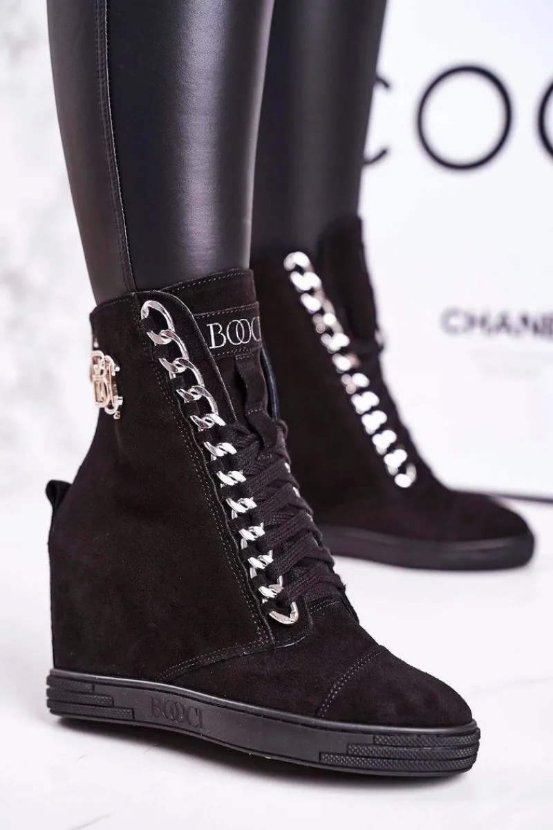 Sneakersy Damskie|Botki Na Koturnie>Boto Damskie Zamszowe Sneakersy BOOCI 2222/066/s Srebrny Łańcuch Czarne