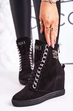 Sneakersy Damskie|Botki Na Koturnie>Boto Damskie Zamszowe Sneakersy BOOCI 2222/066/s Srebrny Łańcuch Czarne