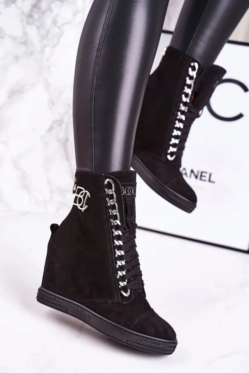 Sneakersy Damskie|Botki Na Koturnie>Boto Damskie Zamszowe Sneakersy BOOCI 2222/066/s Srebrny Łańcuch Czarne