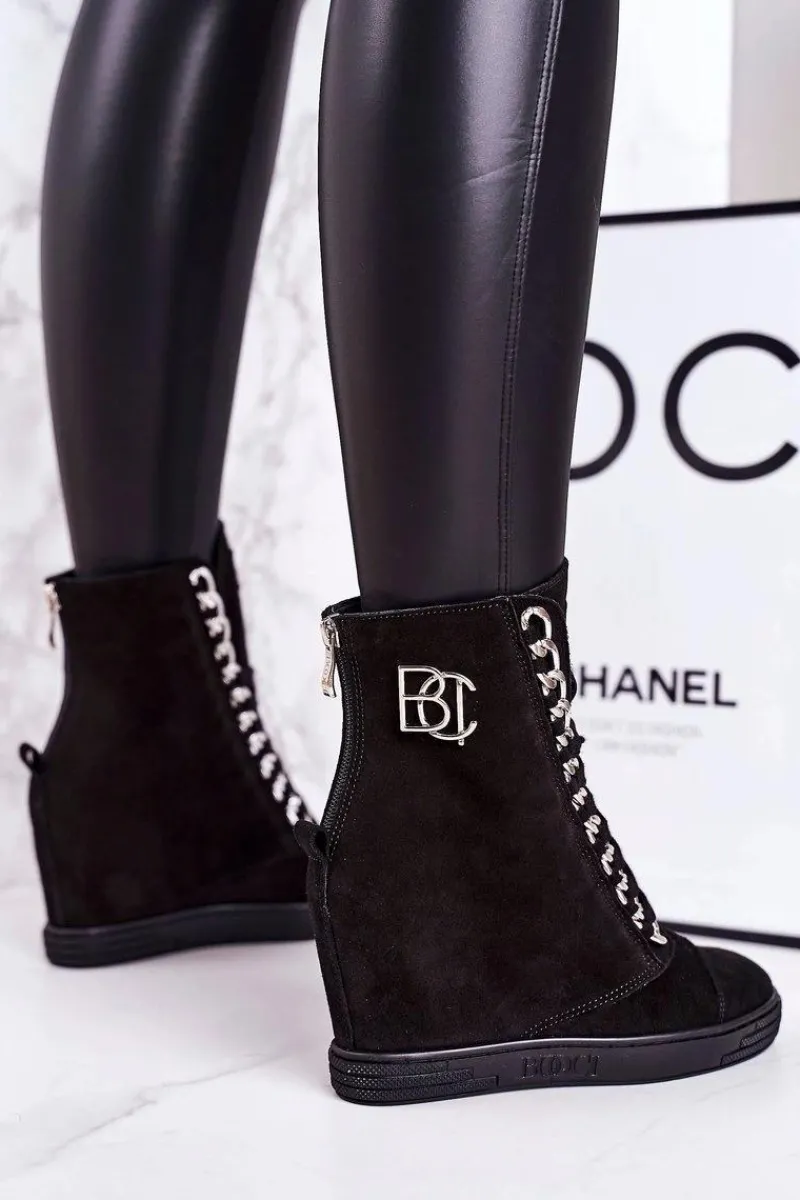Sneakersy Damskie|Botki Na Koturnie>Boto Damskie Zamszowe Sneakersy BOOCI 2222/066/s Srebrny Łańcuch Czarne