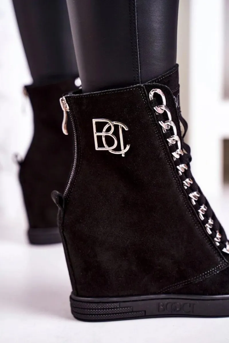 Sneakersy Damskie|Botki Na Koturnie>Boto Damskie Zamszowe Sneakersy BOOCI 2222/066/s Srebrny Łańcuch Czarne