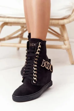 Online Damskie Zamszowe Sneakersy BOOCI 2222 Złote Litery Czarne Damskie Sneakersy Damskie|Botki Na Koturnie