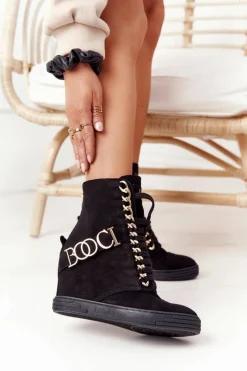Online Damskie Zamszowe Sneakersy BOOCI 2222 Złote Litery Czarne Damskie Sneakersy Damskie|Botki Na Koturnie