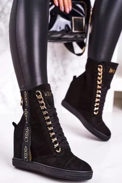 Hot Damskie Zamszowe Sneakersy Z Tasiemką BOOCI 2222/543/z Czarne Damskie Sneakersy Damskie|Botki Na Koturnie