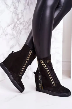 Hot Damskie Zamszowe Sneakersy Z Tasiemką BOOCI 2222/543/z Czarne Damskie Sneakersy Damskie|Botki Na Koturnie