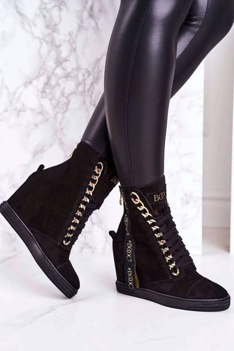 Hot Damskie Zamszowe Sneakersy Z Tasiemką BOOCI 2222/543/z Czarne Damskie Sneakersy Damskie|Botki Na Koturnie