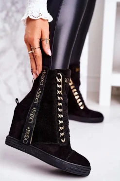 Hot Damskie Zamszowe Sneakersy Z Tasiemką BOOCI 2222/543/z Czarne Damskie Sneakersy Damskie|Botki Na Koturnie