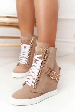 Sneakersy Damskie|Botki Na Koturnie></noscript>Boto Damskie Zamszowe Sneakersy BOOCI Złote Litery Jasny Camel