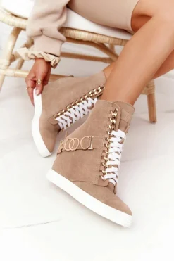 Sneakersy Damskie|Botki Na Koturnie></noscript>Boto Damskie Zamszowe Sneakersy BOOCI Złote Litery Jasny Camel