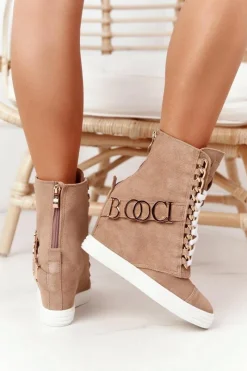 Sneakersy Damskie|Botki Na Koturnie></noscript>Boto Damskie Zamszowe Sneakersy BOOCI Złote Litery Jasny Camel