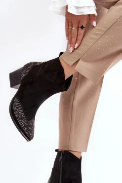 Damskie Zdobione Botki Kowbojki Na Słupku Czarne Eleduana Damskie Botki Ocieplane|Botki Na Słupku