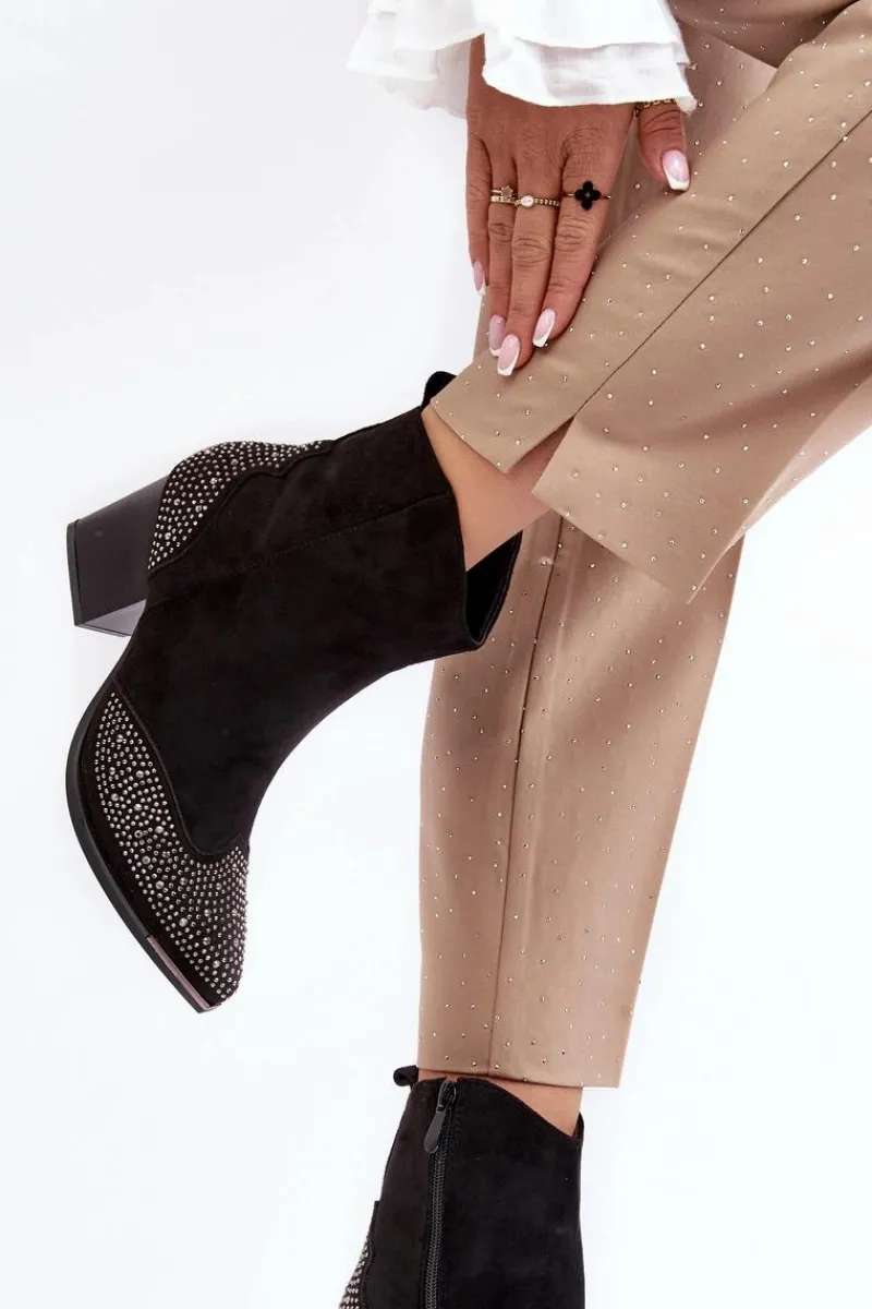 Damskie Zdobione Botki Kowbojki Na Słupku Czarne Eleduana Damskie Botki Ocieplane|Botki Na Słupku