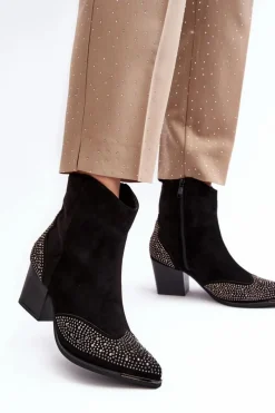 Damskie Zdobione Botki Kowbojki Na Słupku Czarne Eleduana Damskie Botki Ocieplane|Botki Na Słupku