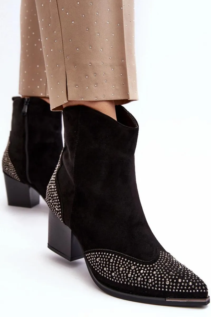 Damskie Zdobione Botki Kowbojki Na Słupku Czarne Eleduana Damskie Botki Ocieplane|Botki Na Słupku