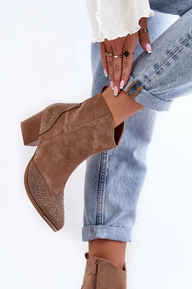 Botki Na Słupku|Brązowe I Beżowe Botki>Boto Damskie Zdobione Botki Kowbojki Na Słupku Beżowe Eleduana