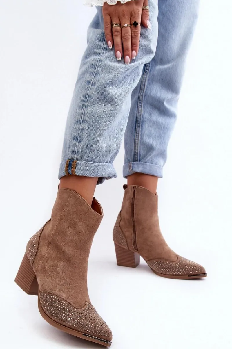 Botki Na Słupku|Brązowe I Beżowe Botki>Boto Damskie Zdobione Botki Kowbojki Na Słupku Beżowe Eleduana