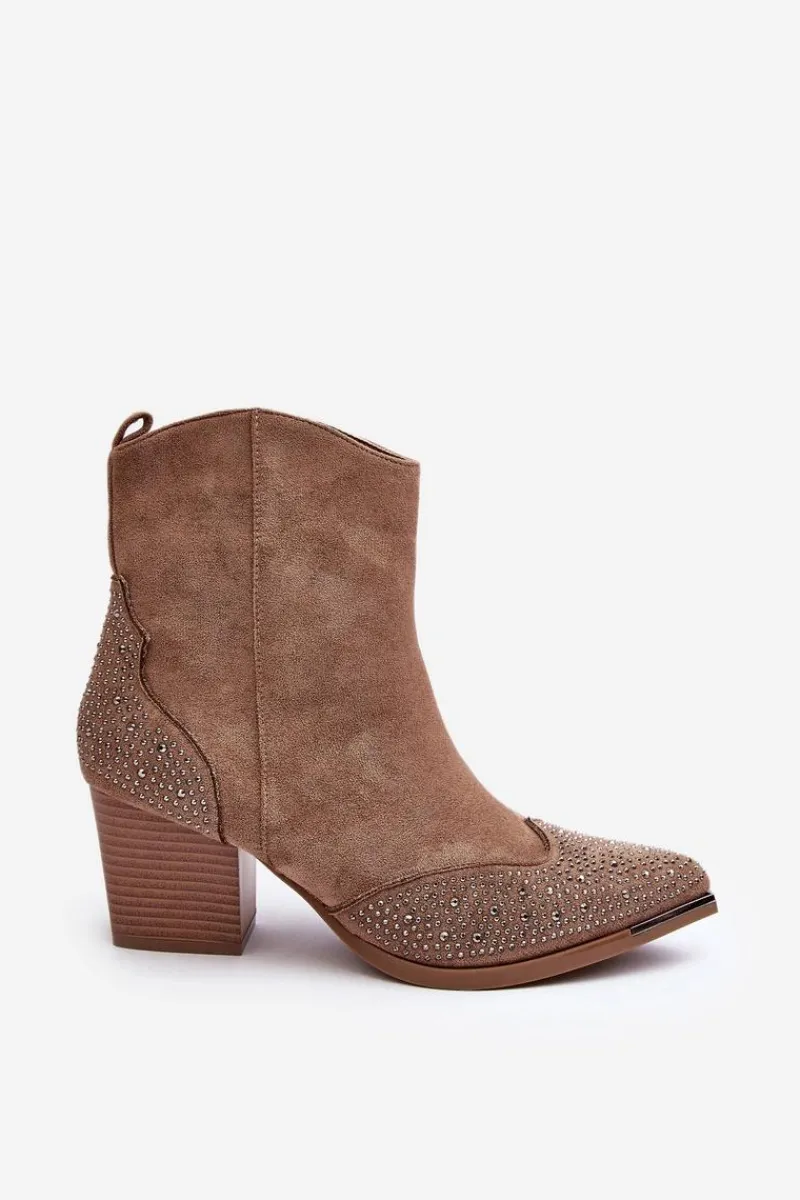 Botki Na Słupku|Brązowe I Beżowe Botki>Boto Damskie Zdobione Botki Kowbojki Na Słupku Beżowe Eleduana