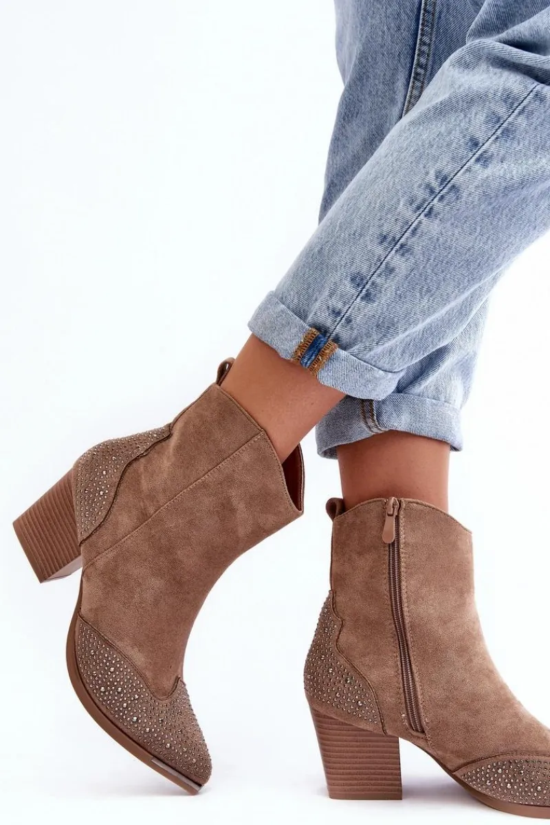 Botki Na Słupku|Brązowe I Beżowe Botki>Boto Damskie Zdobione Botki Kowbojki Na Słupku Beżowe Eleduana