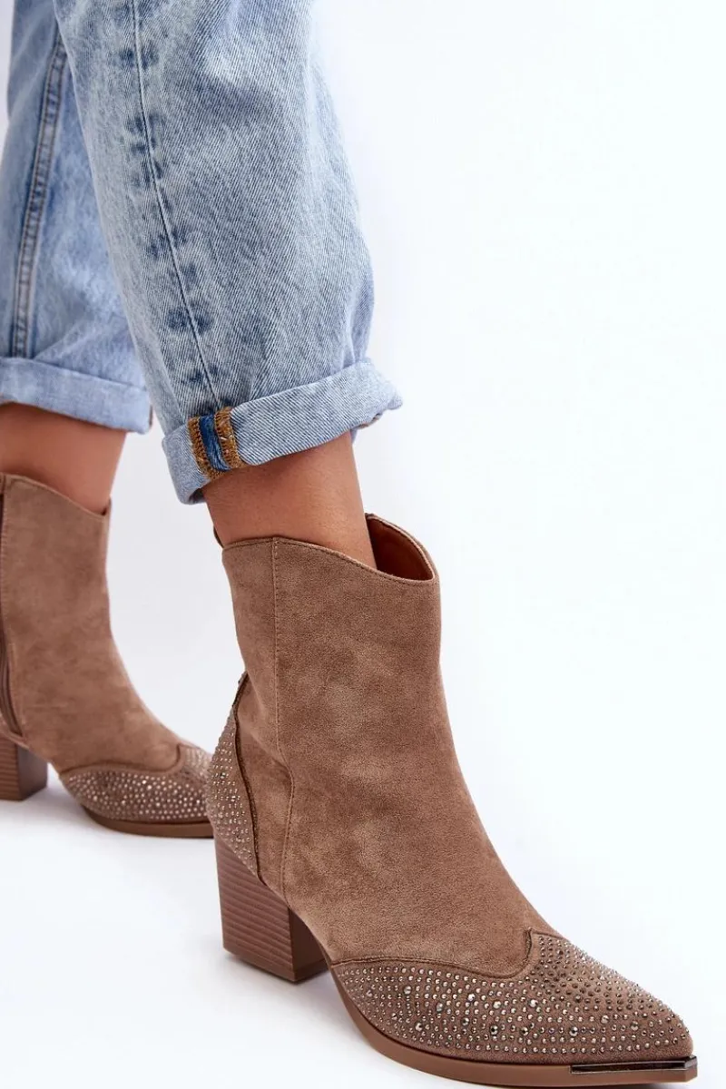 Botki Na Słupku|Brązowe I Beżowe Botki>Boto Damskie Zdobione Botki Kowbojki Na Słupku Beżowe Eleduana
