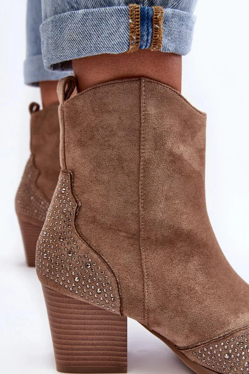 Botki Na Słupku|Brązowe I Beżowe Botki>Boto Damskie Zdobione Botki Kowbojki Na Słupku Beżowe Eleduana