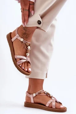 Sandały Płaskie>Boto Damskie Zdobione Błyszczące Sandały Różowe Midol