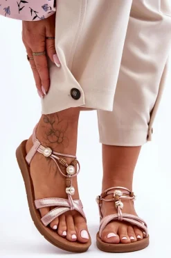 Sandały Płaskie></noscript>Boto Damskie Zdobione Błyszczące Sandały Różowe Midol