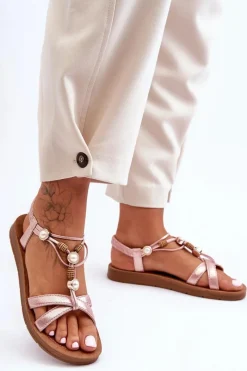 Sandały Płaskie></noscript>Boto Damskie Zdobione Błyszczące Sandały Różowe Midol