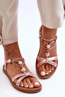 Sandały Płaskie></noscript>Boto Damskie Zdobione Błyszczące Sandały Różowe Midol