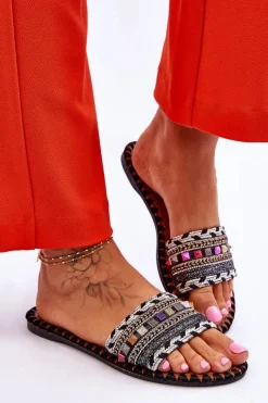 Clearance Damskie Zdobione Klapki Czarne Bellisa Damskie Klapki Damskie Klasyczne