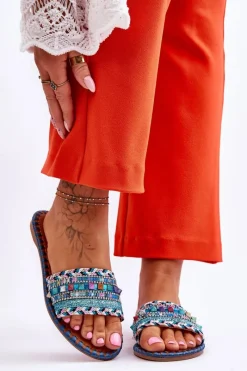 Klapki Damskie Klasyczne>Boto Damskie Zdobione Klapki Niebieskie Bellisa