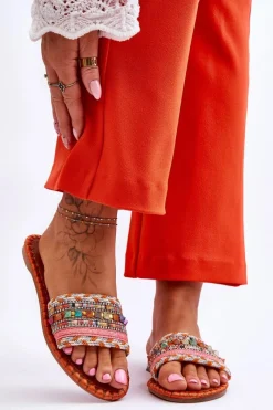 Best Boto Damskie Zdobione Klapki Pomarańczowe Bellisa