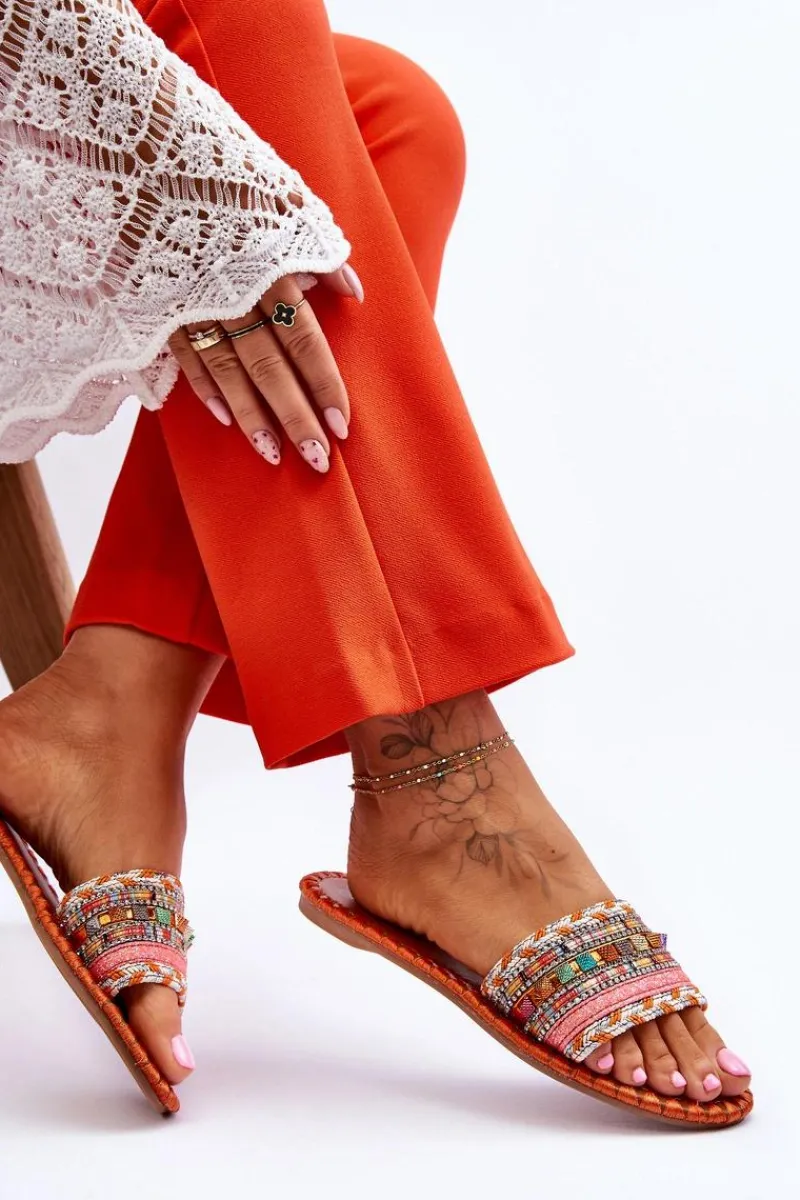 Best Boto Damskie Zdobione Klapki Pomarańczowe Bellisa