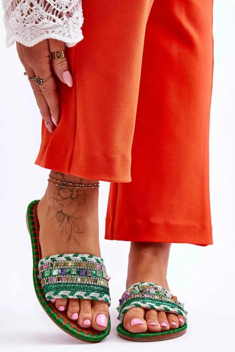 Discount Boto Damskie Zdobione Klapki Zielone Bellisa Zielony