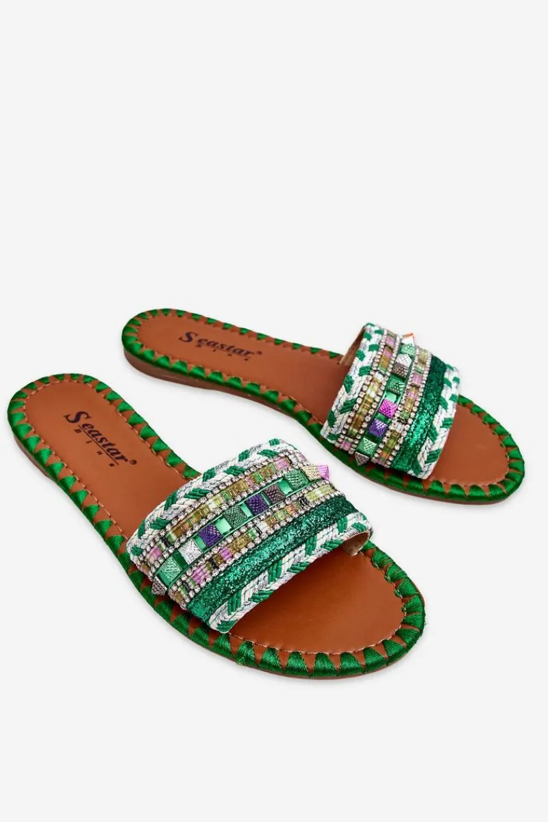 Discount Boto Damskie Zdobione Klapki Zielone Bellisa Zielony