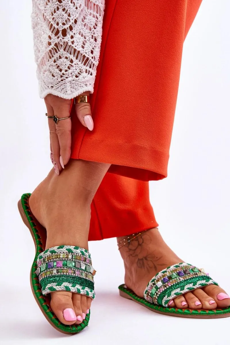 Discount Boto Damskie Zdobione Klapki Zielone Bellisa Zielony