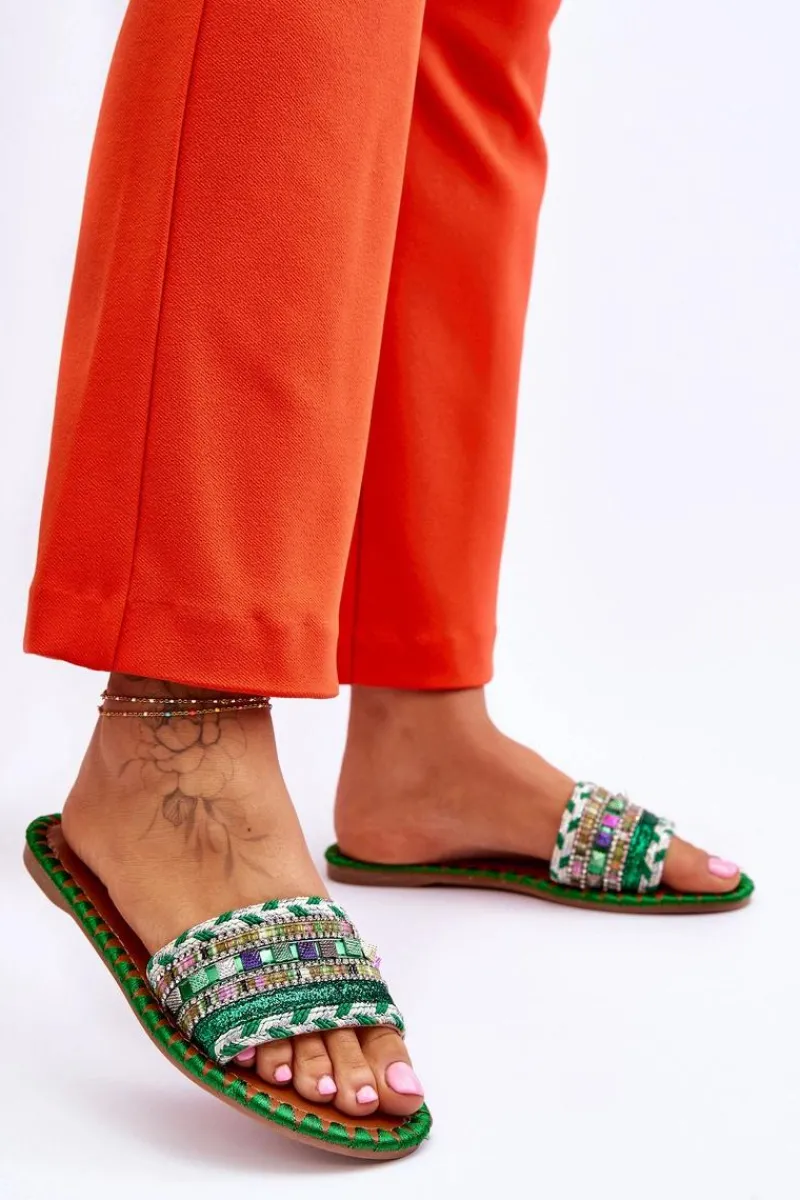 Discount Boto Damskie Zdobione Klapki Zielone Bellisa Zielony