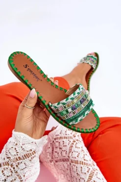 Discount Boto Damskie Zdobione Klapki Zielone Bellisa Zielony