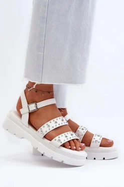 Sandały Płaskie>Boto Damskie Zdobione Sandały Eko Skóra Białe Arcida