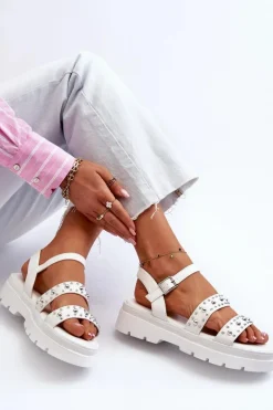 Sandały Płaskie>Boto Damskie Zdobione Sandały Eko Skóra Białe Arcida