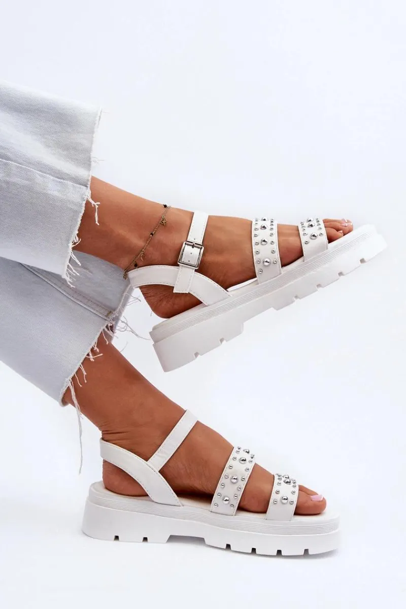 Sandały Płaskie>Boto Damskie Zdobione Sandały Eko Skóra Białe Arcida