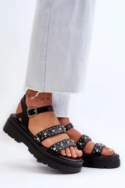 Sandały Płaskie>Boto Damskie Zdobione Sandały Eko Skóra Czarne Arcida