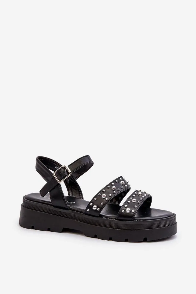 Sandały Płaskie>Boto Damskie Zdobione Sandały Eko Skóra Czarne Arcida